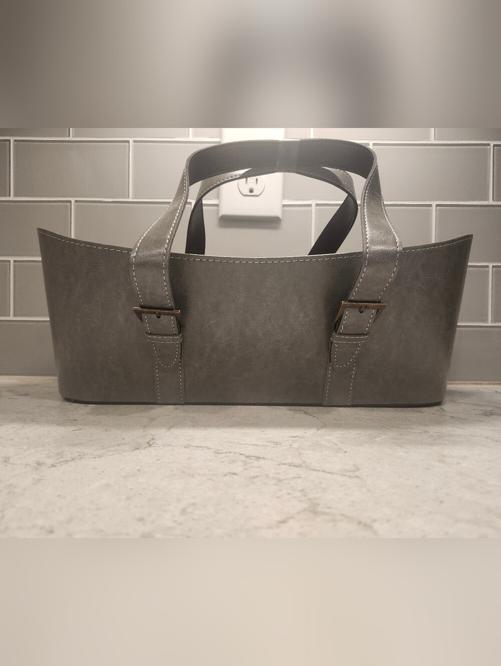 Gray Faux Leather Sturdy Double Belted Handle Wine Flowers Tote Bag Carrier